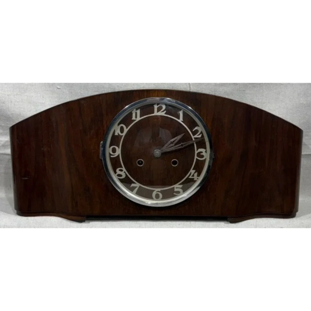 Vintage 1950s Tambour Mantel Clock German 8 Day Movement 130 Stamp Wood Case